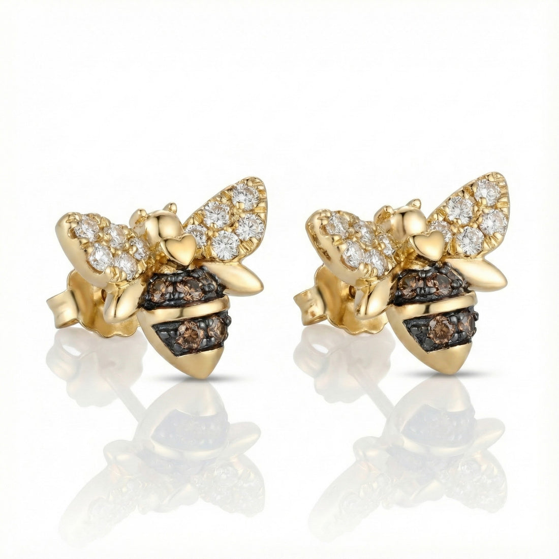 Diamond Bee Stud Earrings | 14K Yellow Gold | 0.52 ctw White & Chocolate Diamonds - Brownee Jewelers