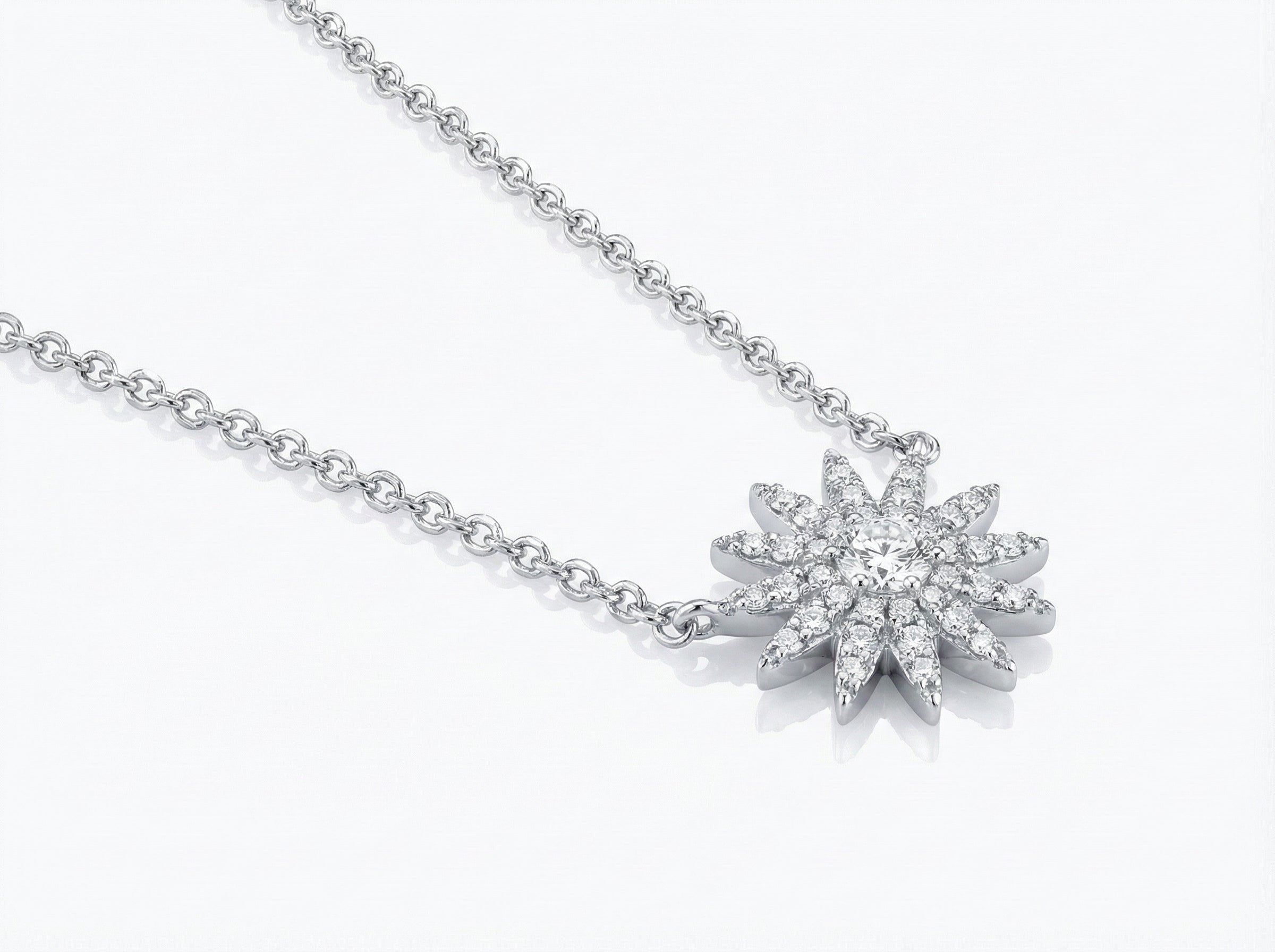 Diamond Starburst Pendant Necklace, 0.15 ctw | 14K White Gold | 18" | BRN-DNS015 - Brownee Jewelers