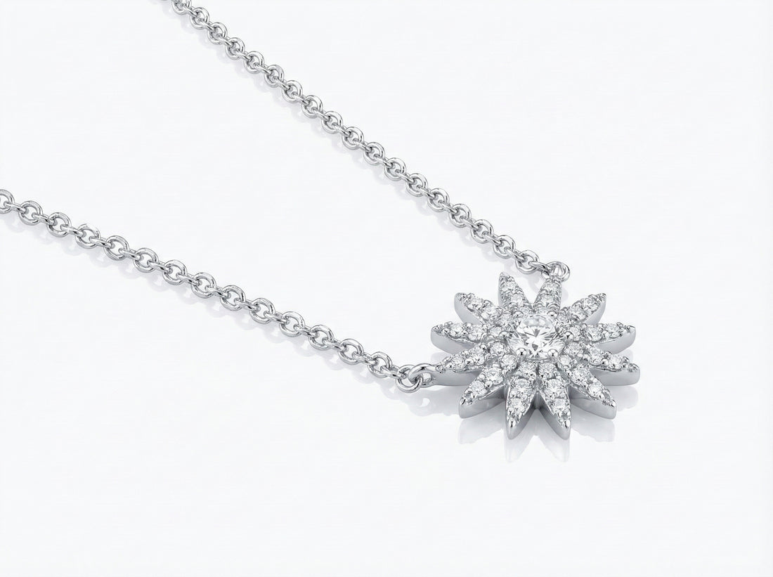 Diamond Starburst Pendant Necklace, 0.15 ctw | 14K White Gold | 18" | BRN-DNS015 - Brownee Jewelers