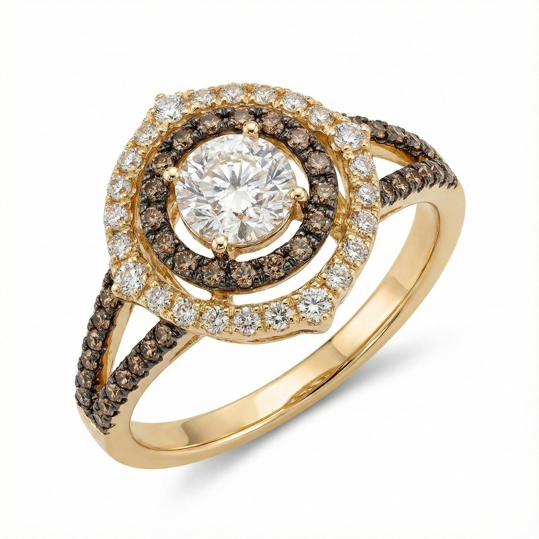 Le Vian® 14K Honey Gold™ Ring with Nude Diamonds™ & Chocolate Diamonds® A dazzling blend of warm tones and brilliant sparkle, this Le Vian® halo ring features a lavish 1/2 ct. of Nude Diamonds™ paired with 1/3 cts. of rich Chocolate Diamonds®