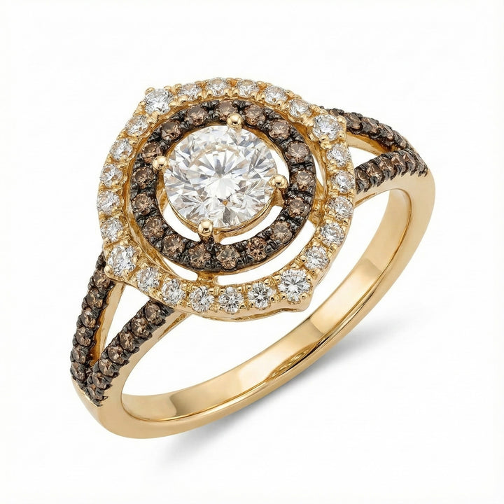 Le Vian® 14K Honey Gold™ Ring with Nude Diamonds™ & Chocolate Diamonds® A dazzling blend of warm tones and brilliant sparkle, this Le Vian® halo ring features a lavish 1/2 ct. of Nude Diamonds™ paired with 1/3 cts. of rich Chocolate Diamonds®