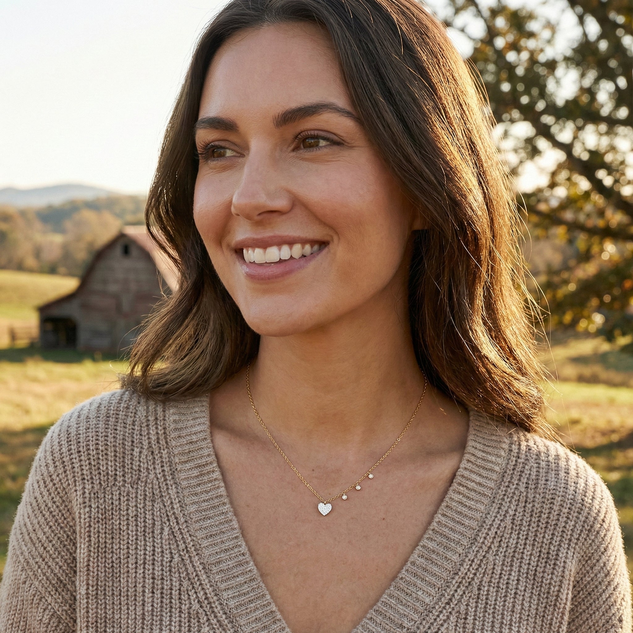 True Love Pendant | Diamond Pavé Heart Pendant Necklace with Station Chain | Gold Plated / Sterling Silver | Heart Necklace - Brownee Jewelers