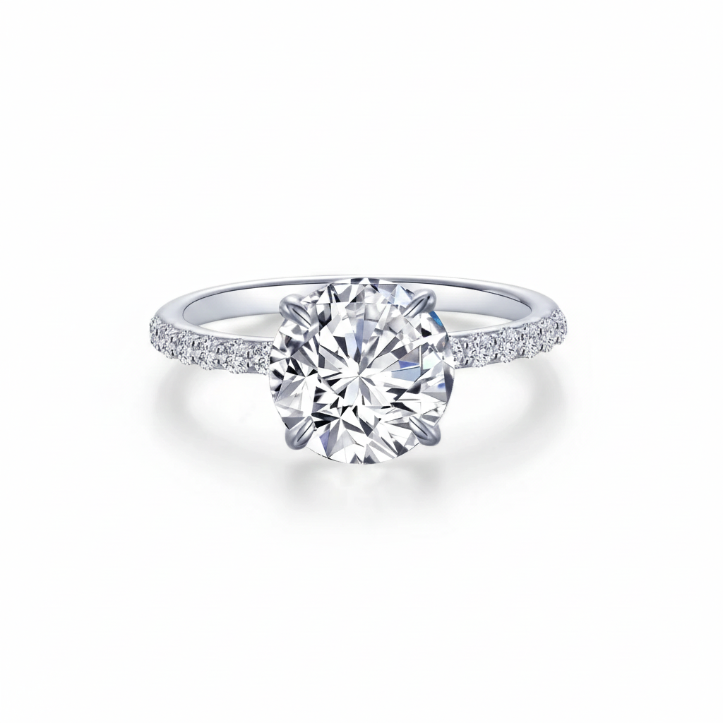 Round CZ Solitaire Ring with Pavé Band | Sterling Silver | Size 7 - Brownee Jewelers