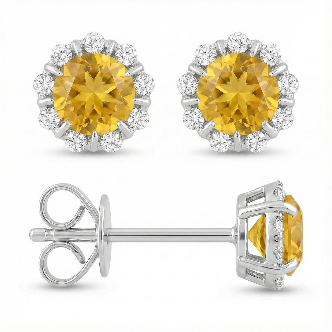 Madison L | Citrine & Diamond Halo Stud Earrings | 14K White Gold | Round Yellow Gemstone Earrings - Brownee Jewelers