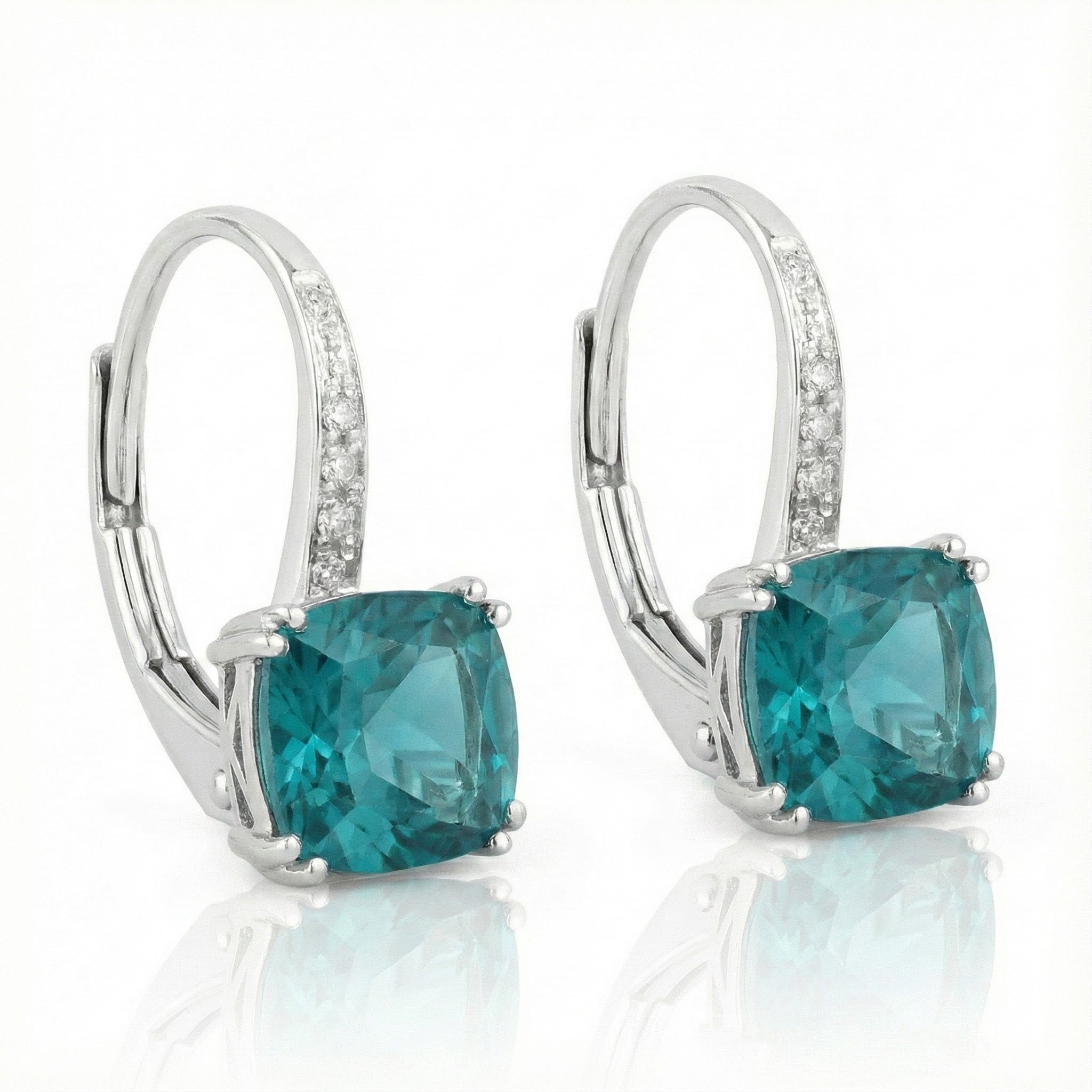 Madison L | Created Paraiba Sapphire Diamond Leverback Earrings | Cushion Cut | 14K White Gold - Brownee Jewelers