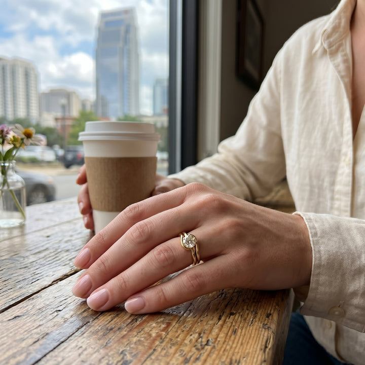 Round Brilliant Diamond Solitaire Bridal Set | 14K Yellow Gold | 1.01 CT Diamond | Contemporary Wrap Design - Brownee Jewelers