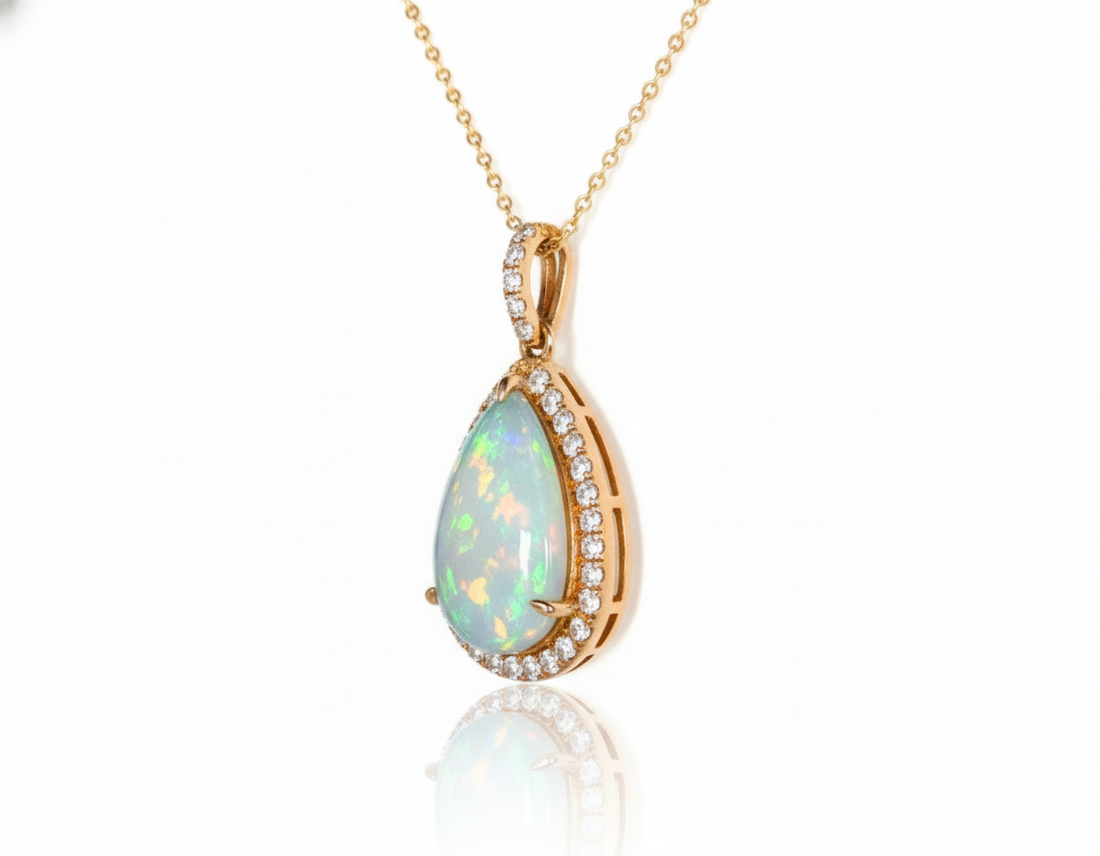14K Yellow Gold 1.75ct Pear-Shape Opal & .29ct Diamond Pendant