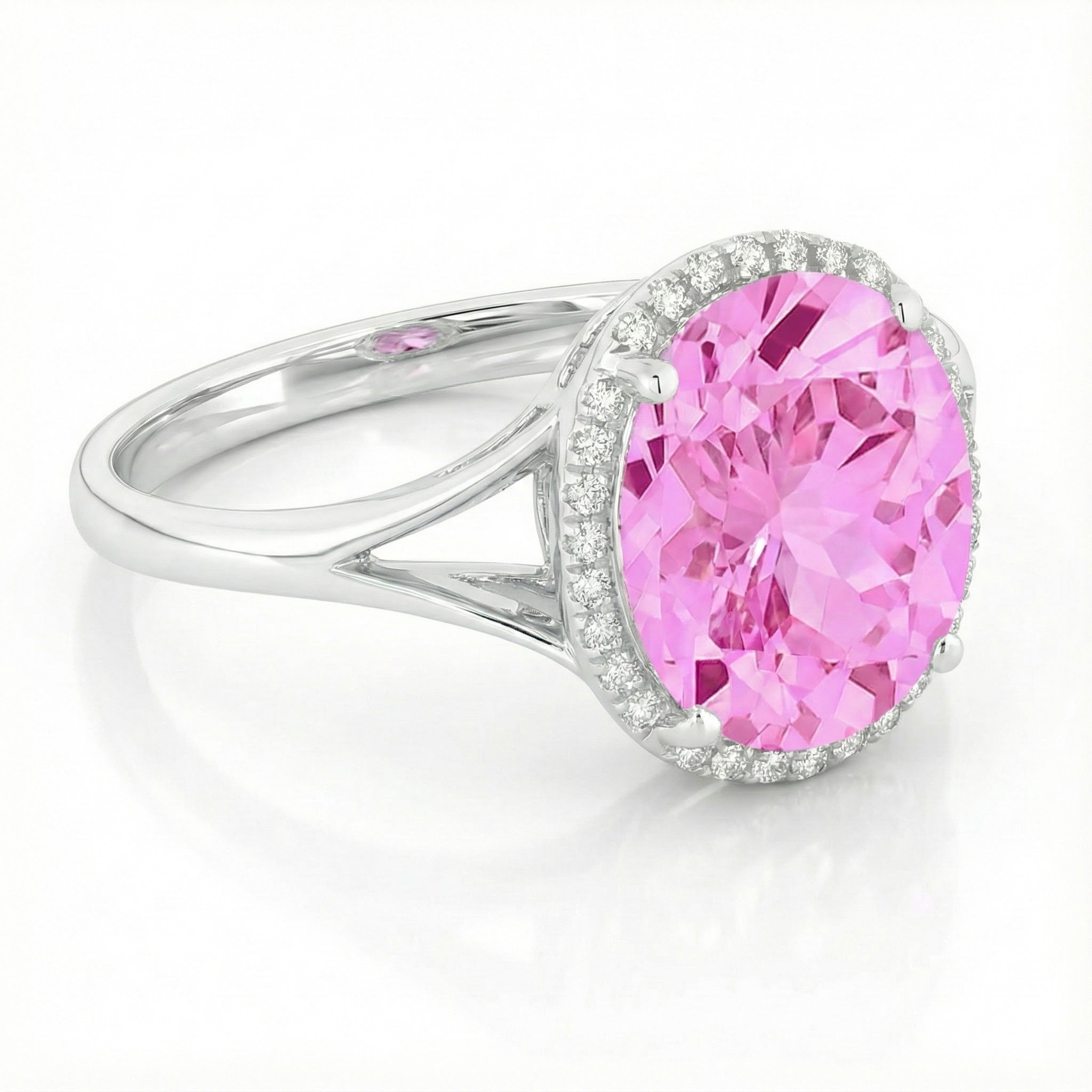 Madison L | Oval Created Pink Sapphire & Diamond Halo Ring | 14K White Gold | Halo Gemstone Ring - Brownee Jewelers
