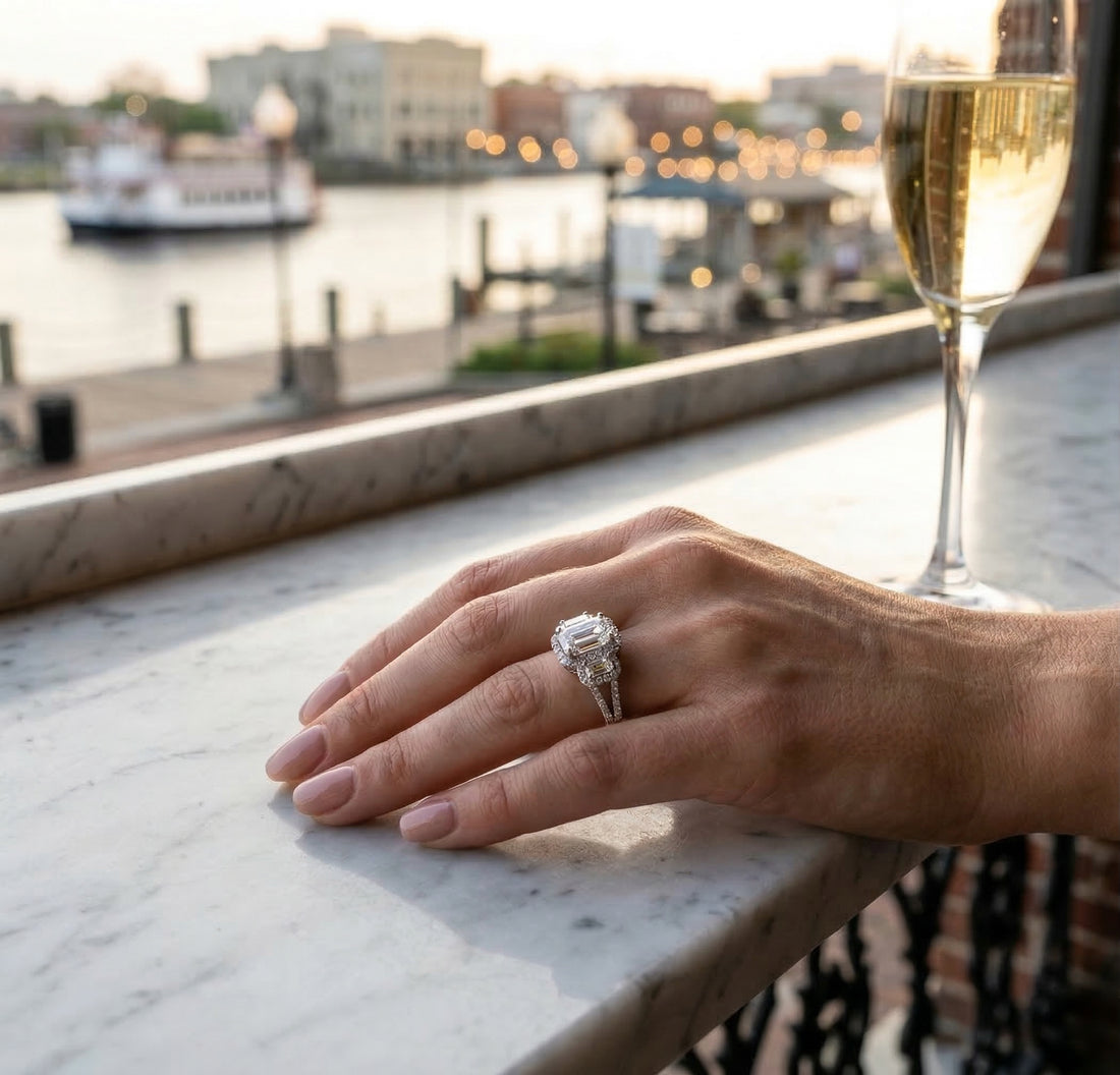 Emerald Cut Lab-Grown Diamond Ring | 14K White Gold | Approx. 3 ct Center with Emerald & Round Diamond Halo Accents | 4.54 ctw - Brownee Jewelers