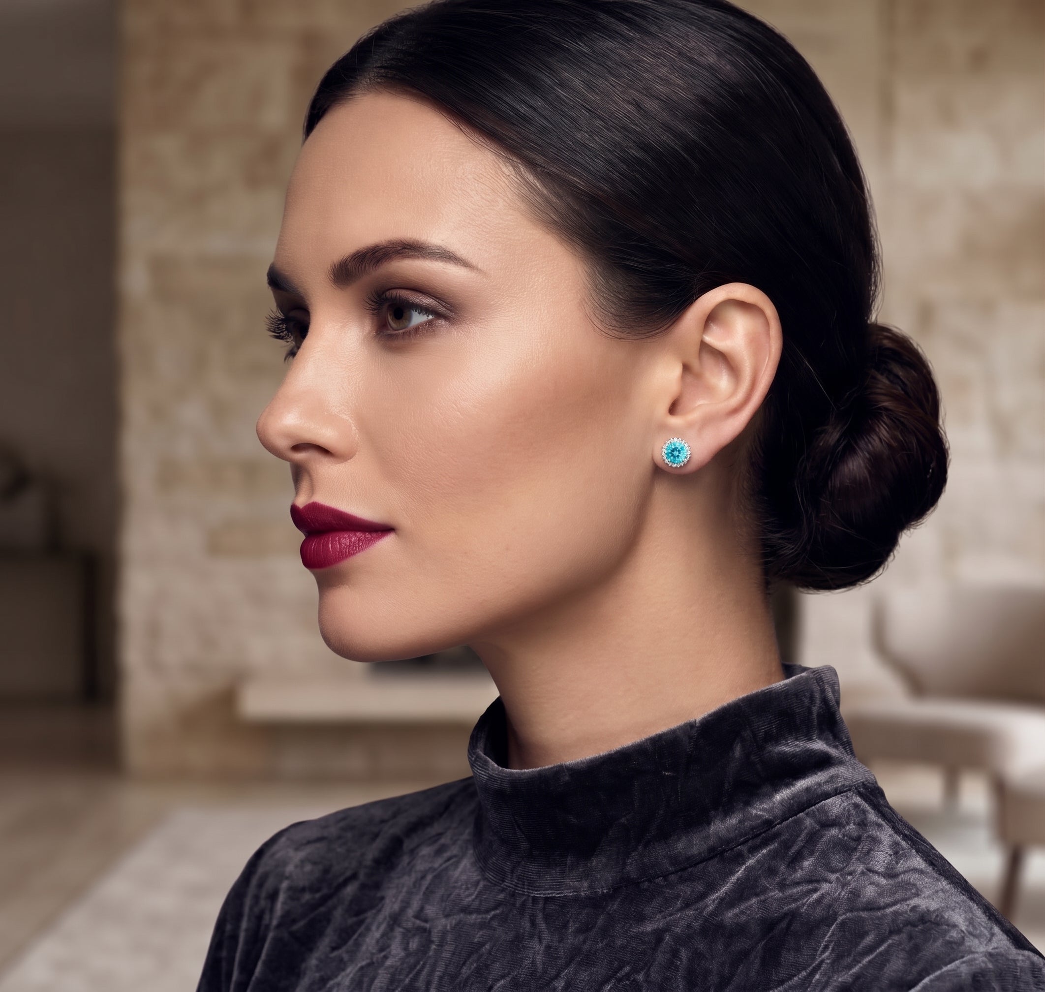 14KT WHITE GOLD CREATED PARAIBA STUD EARRINGS WITH A DIAMOND HALP 