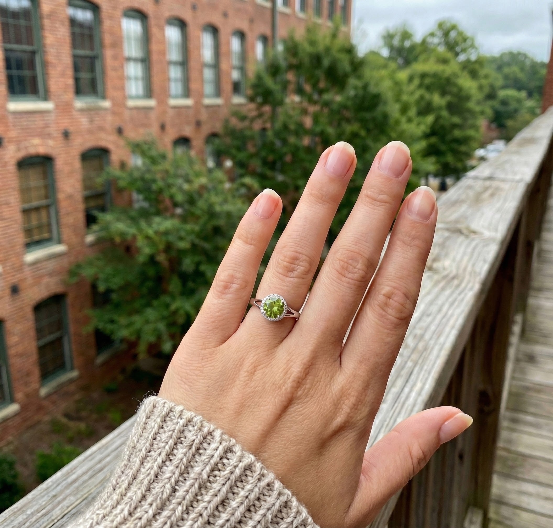 Madison L | Round Peridot Diamond Halo Ring | 14K White Gold | Green Peridot & Diamond Ring - Brownee Jewelers