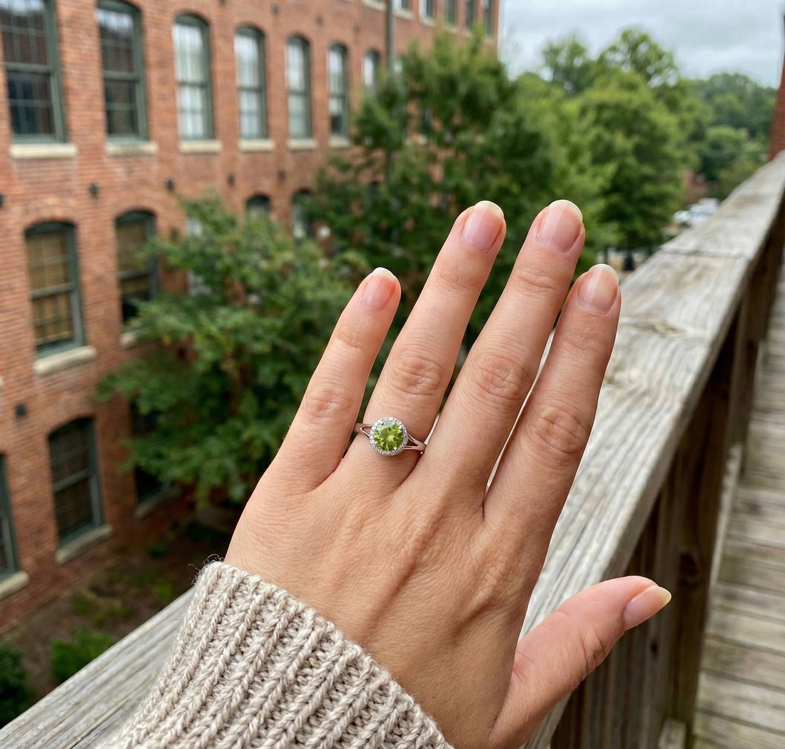 Madison L | Round Peridot Diamond Halo Ring | 14K White Gold | Green Peridot & Diamond Ring - Brownee Jewelers