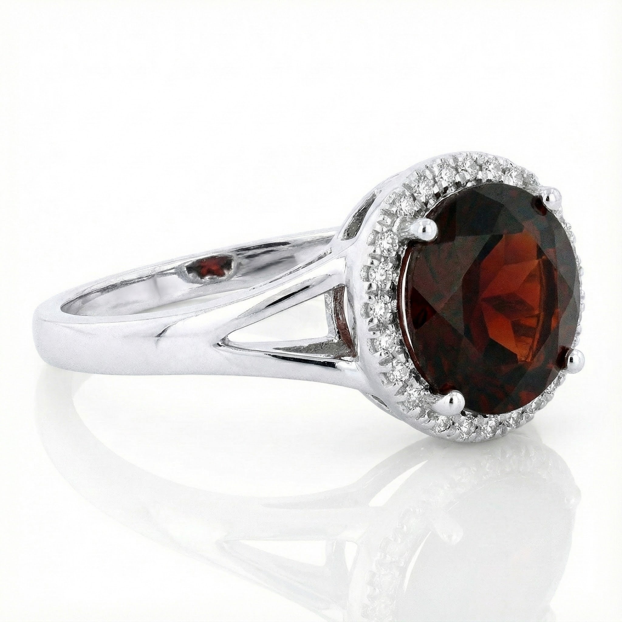 Madison L | Round Garnet & Diamond Halo Ring | 14K White Gold | Split Shank Gemstone Ring - Brownee Jewelers