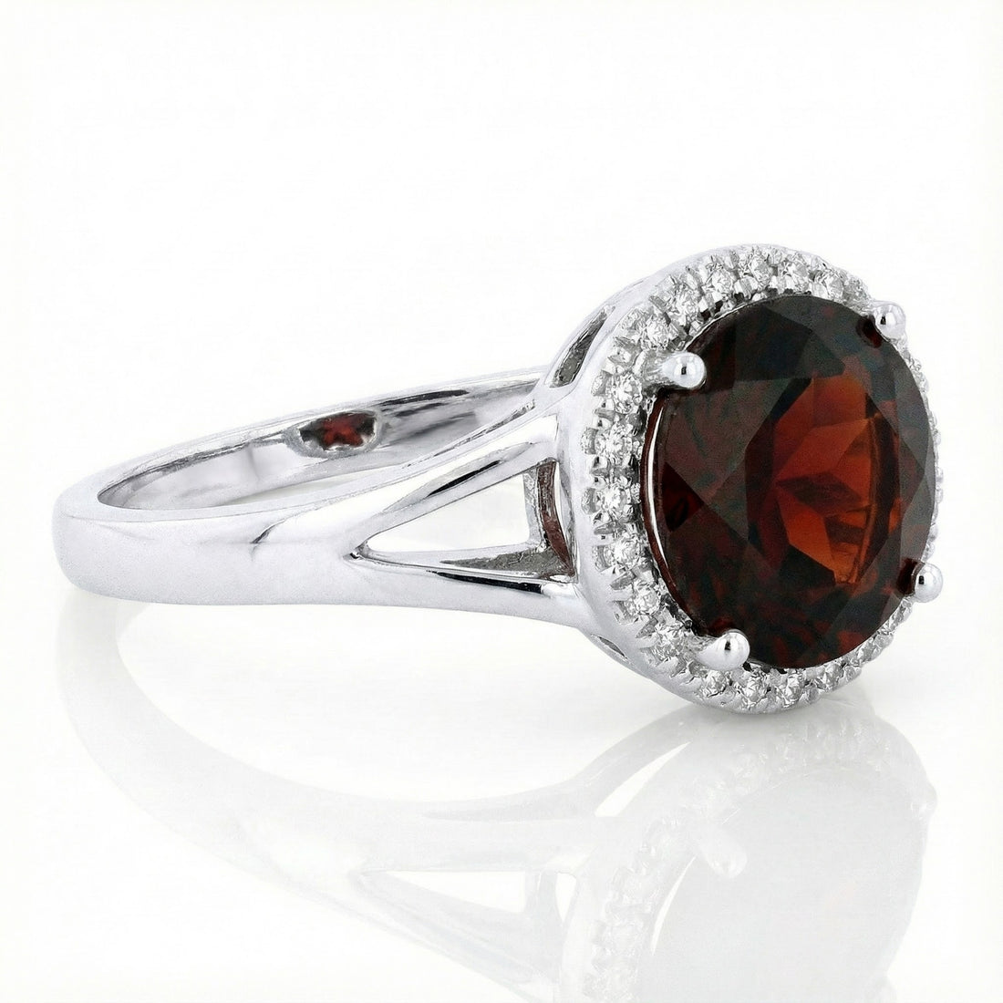 Madison L | Round Garnet & Diamond Halo Ring | 14K White Gold | Split Shank Gemstone Ring - Brownee Jewelers