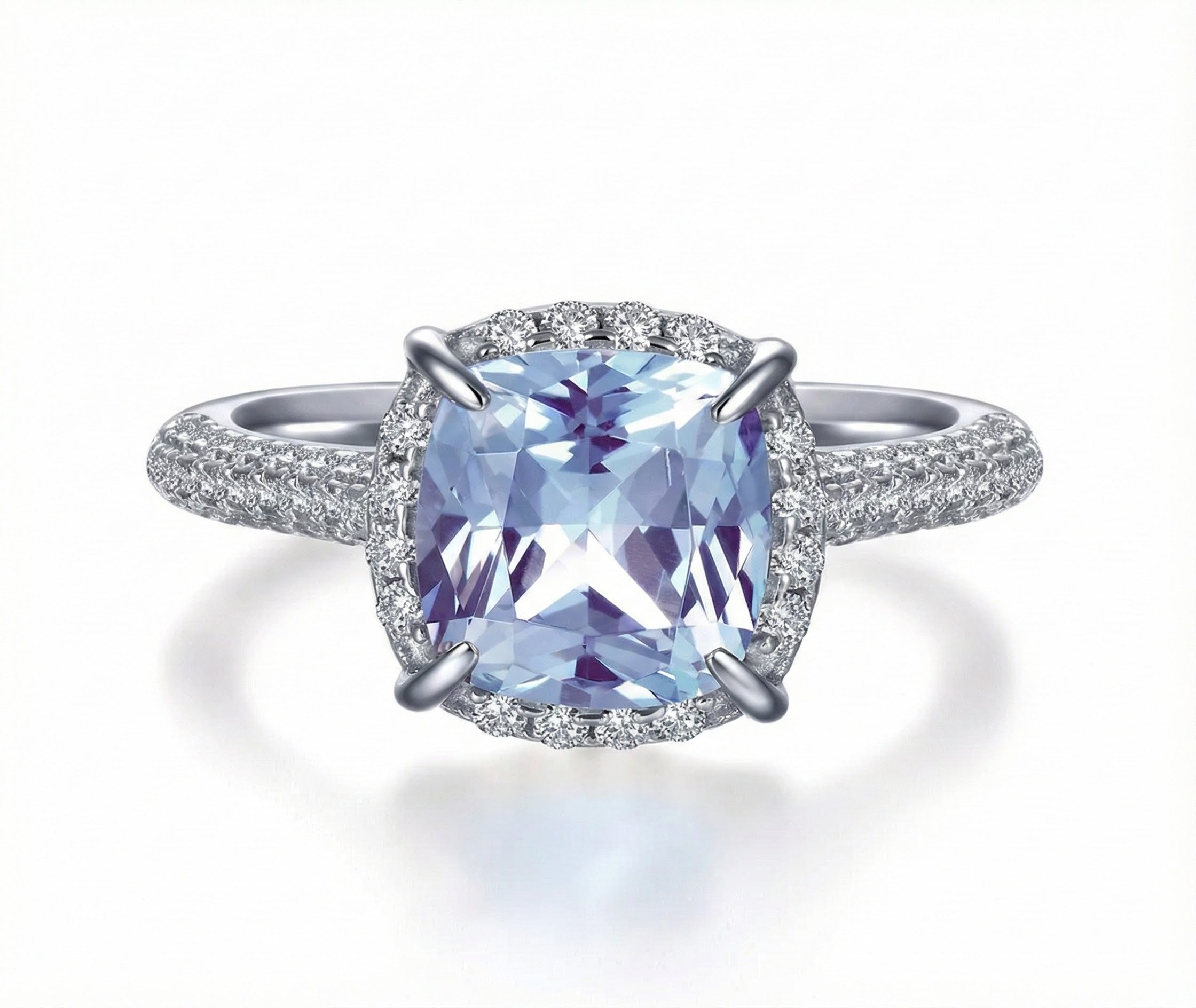 Square Synthetic Aquamarine Halo Ring | Sterling Silver | CZ Accents | Size 7 - Brownee Jewelers