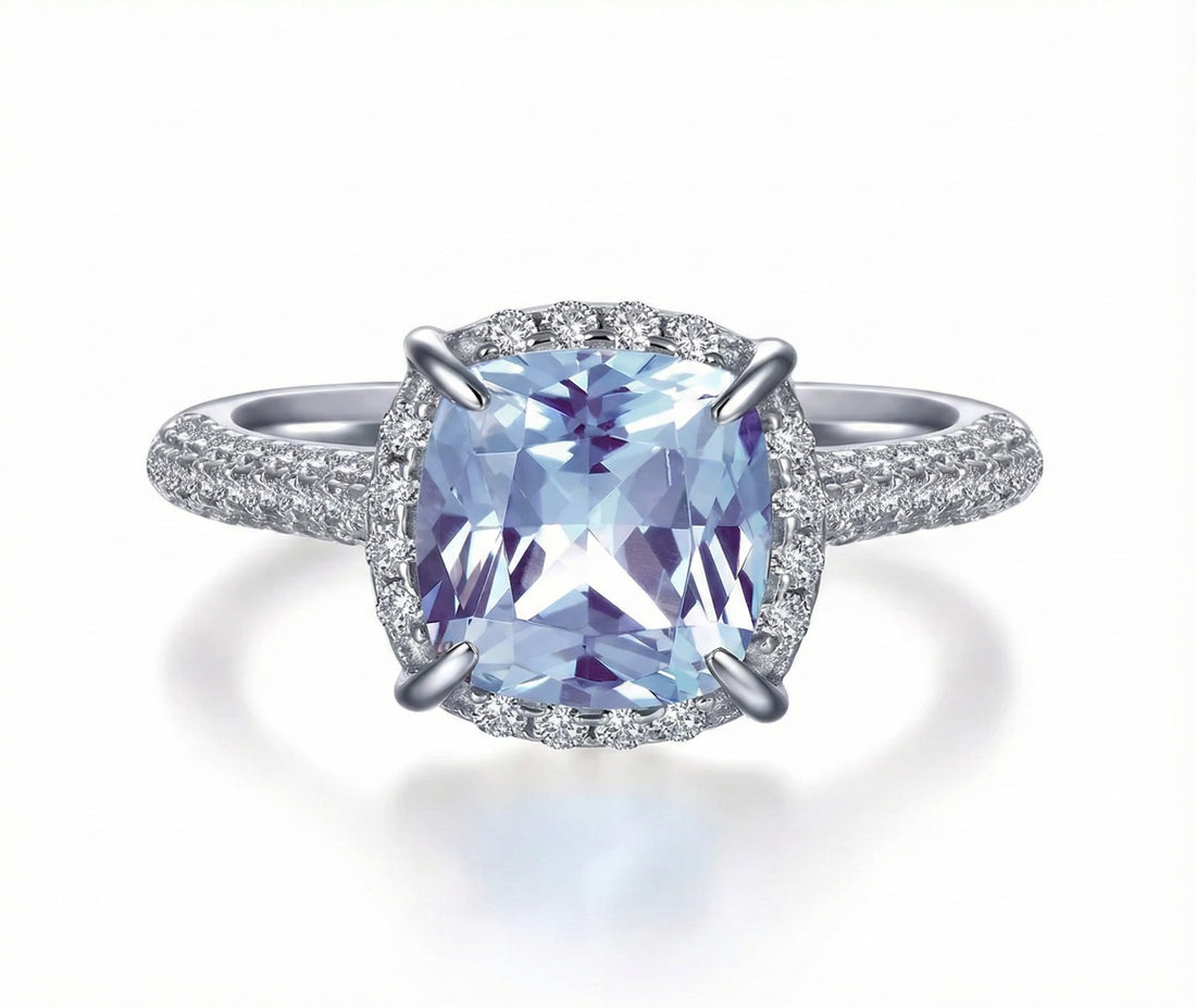 Square Synthetic Aquamarine Halo Ring | Sterling Silver | CZ Accents | Size 7 - Brownee Jewelers