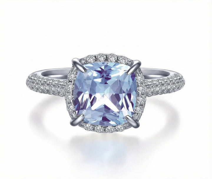 Square Synthetic Aquamarine Halo Ring | Sterling Silver | CZ Accents | Size 7 - Brownee Jewelers