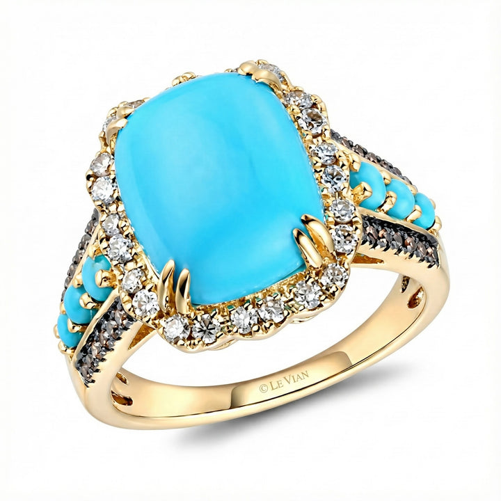 Turquoise & Diamond Halo Ring | 14K Yellow Gold | 4.72 ct Turquoise & 0.47 ctw Diamonds | Statement Ring - Brownee Jewelers