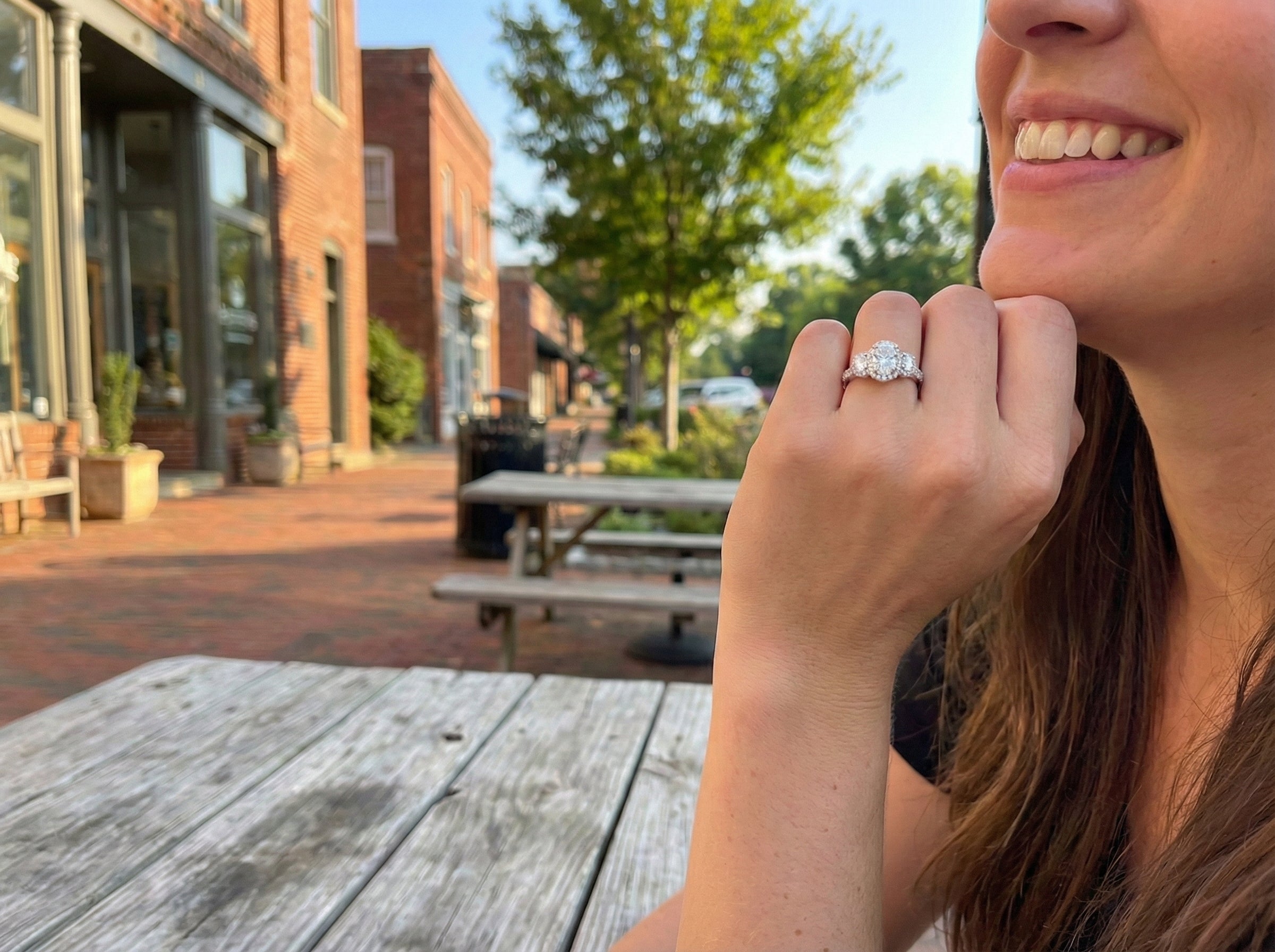 Oval Lab-Grown Diamond Three-Stone Halo Ring | 14K White Gold | 3.00 ct Center, 4.63 ctw | Oval Side Diamonds - Brownee Jewelers