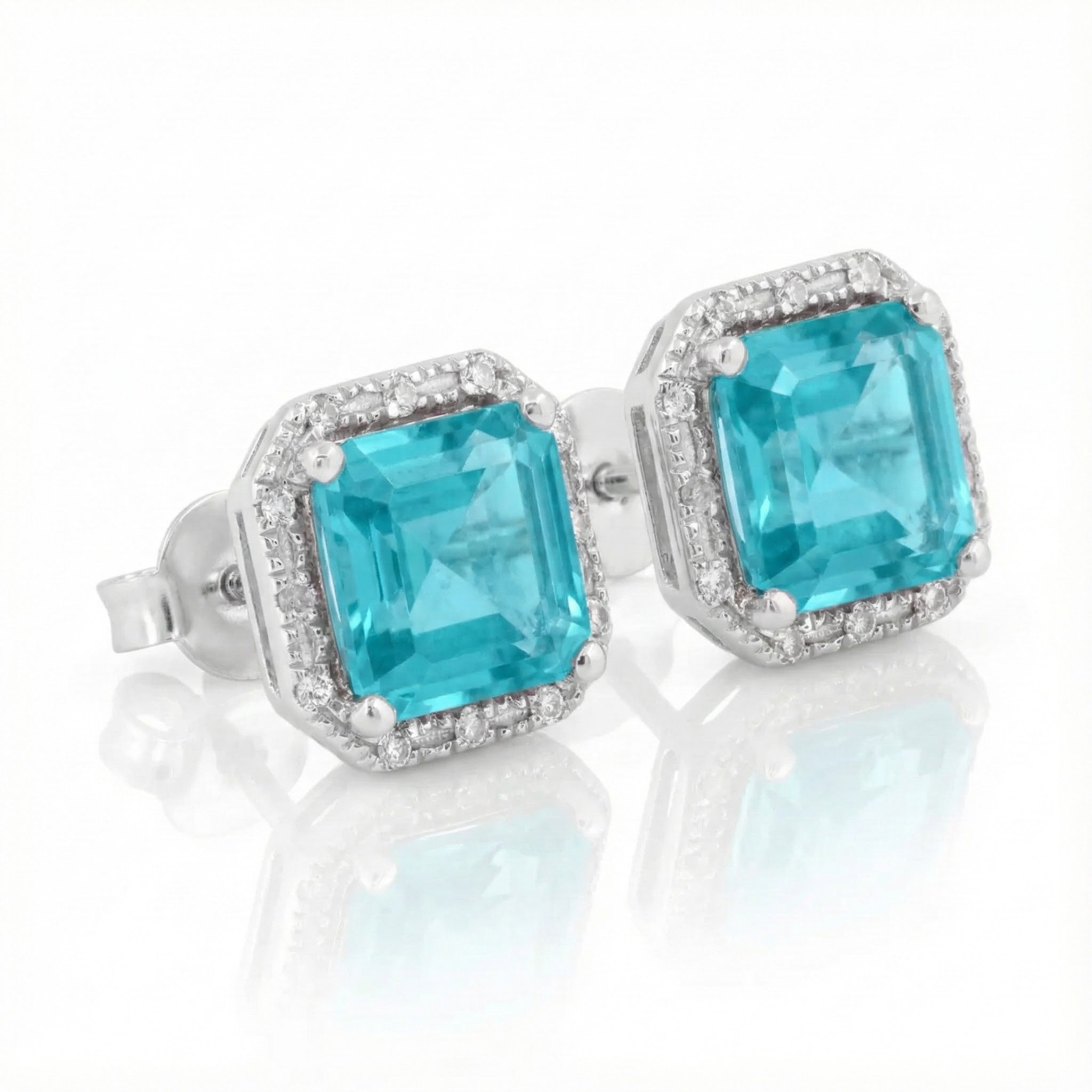 Madison L | Lab-Created Paraiba Tourmaline & Diamond Halo Stud Earrings | 14K White Gold | Square Studs - Brownee Jewelers