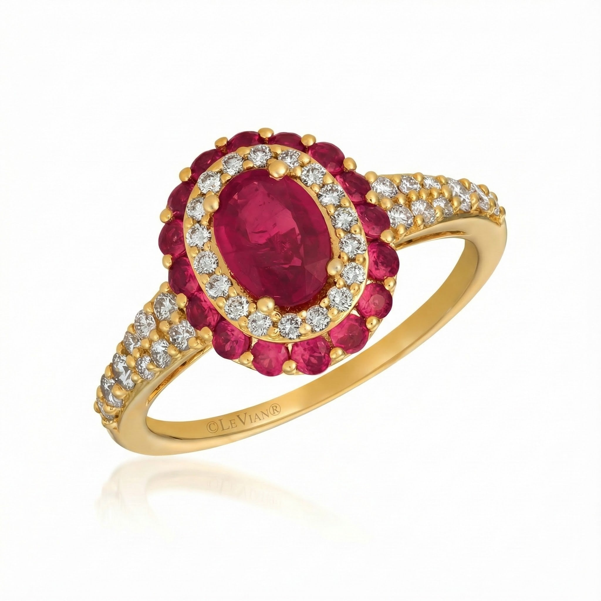 Le Vian® Passion Ruby™ & Vanilla Diamonds® Halo Ring – 14K Honey Gold™ Radiant and richly romantic, this stunning ring by Le Vian showcases a vivid oval Passion Ruby™ framed by a luminous double halo of sparkling Vanilla Diamonds®
