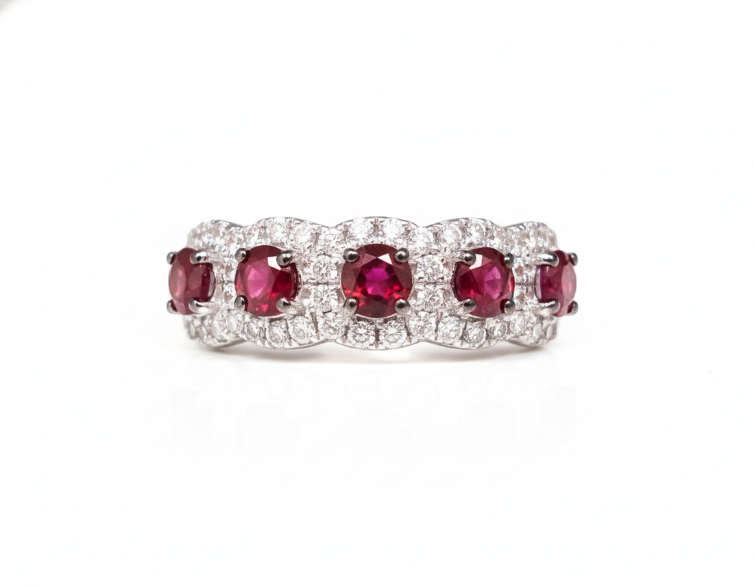 14K White Gold .98ct Ruby & .43ct Diamond Five-Stone Ring