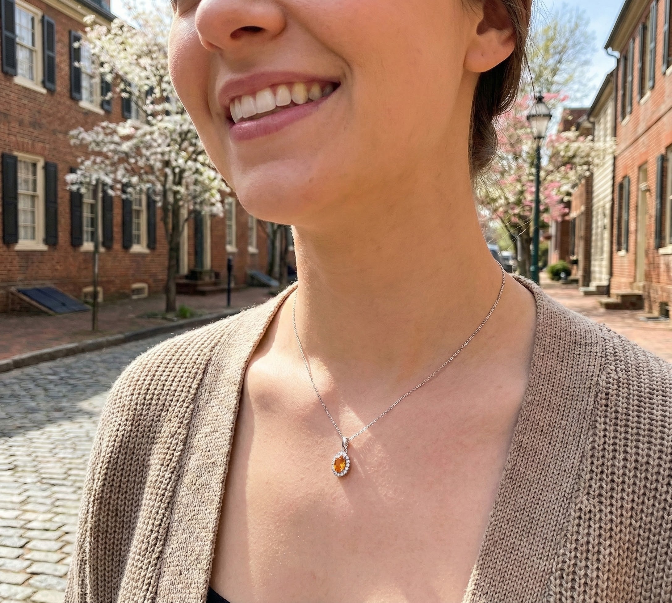 Citrine & Diamond Halo Pendant, 0.07 ctw