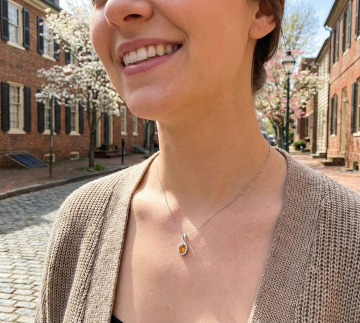 Citrine & Diamond Halo Pendant, 0.07 ctw | 10K White Gold | 5×3 mm | - Brownee Jewelers