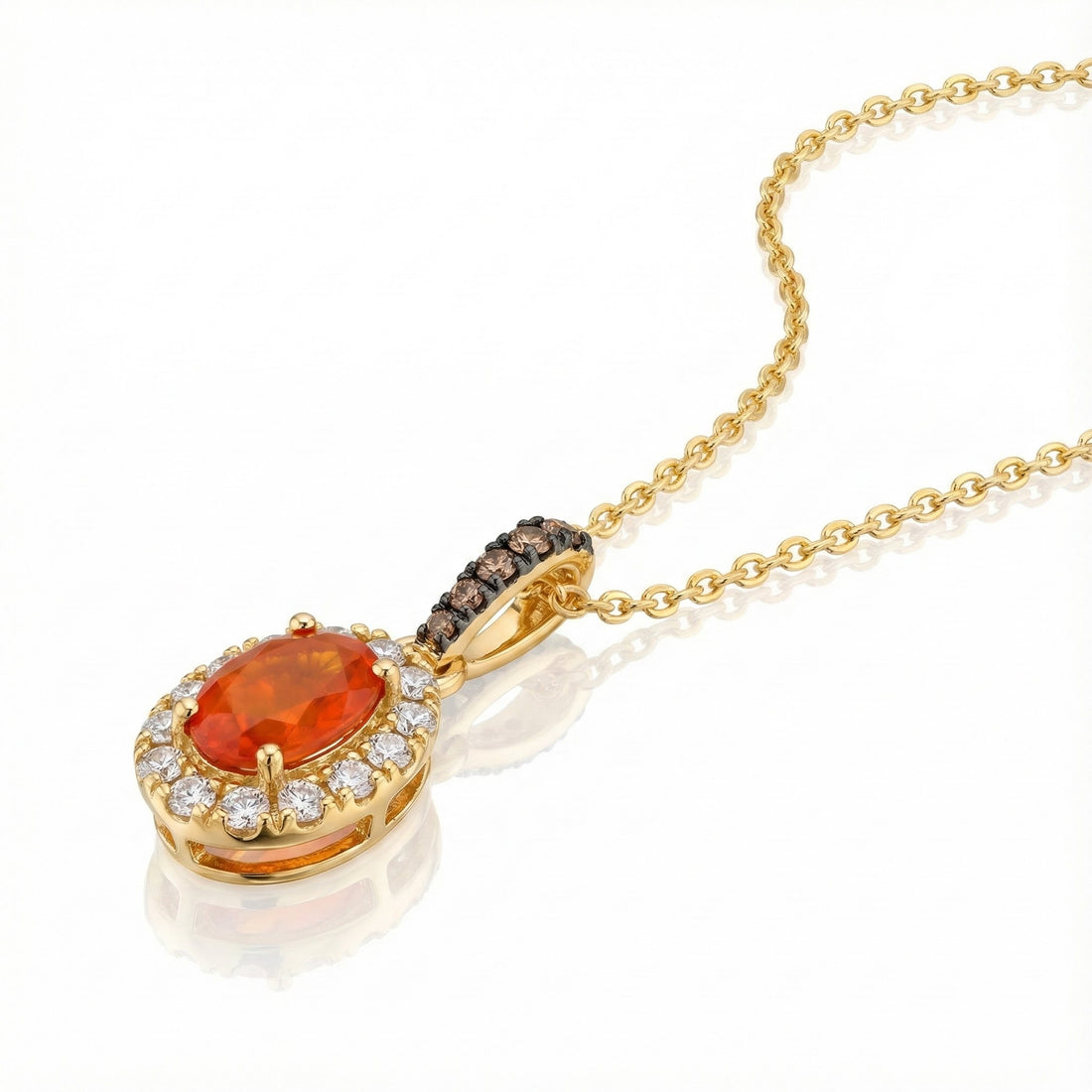 Orange Opal Diamond Halo Pendant | 14K Yellow Gold | 0.20 ct Opal | Chocolate & White Diamonds - Brownee Jewelers