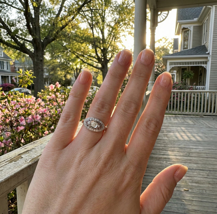 Vintage-Style Diamond Filigree Ring | 14K White Gold | Milgrain Halo Statement - Brownee Jewelers