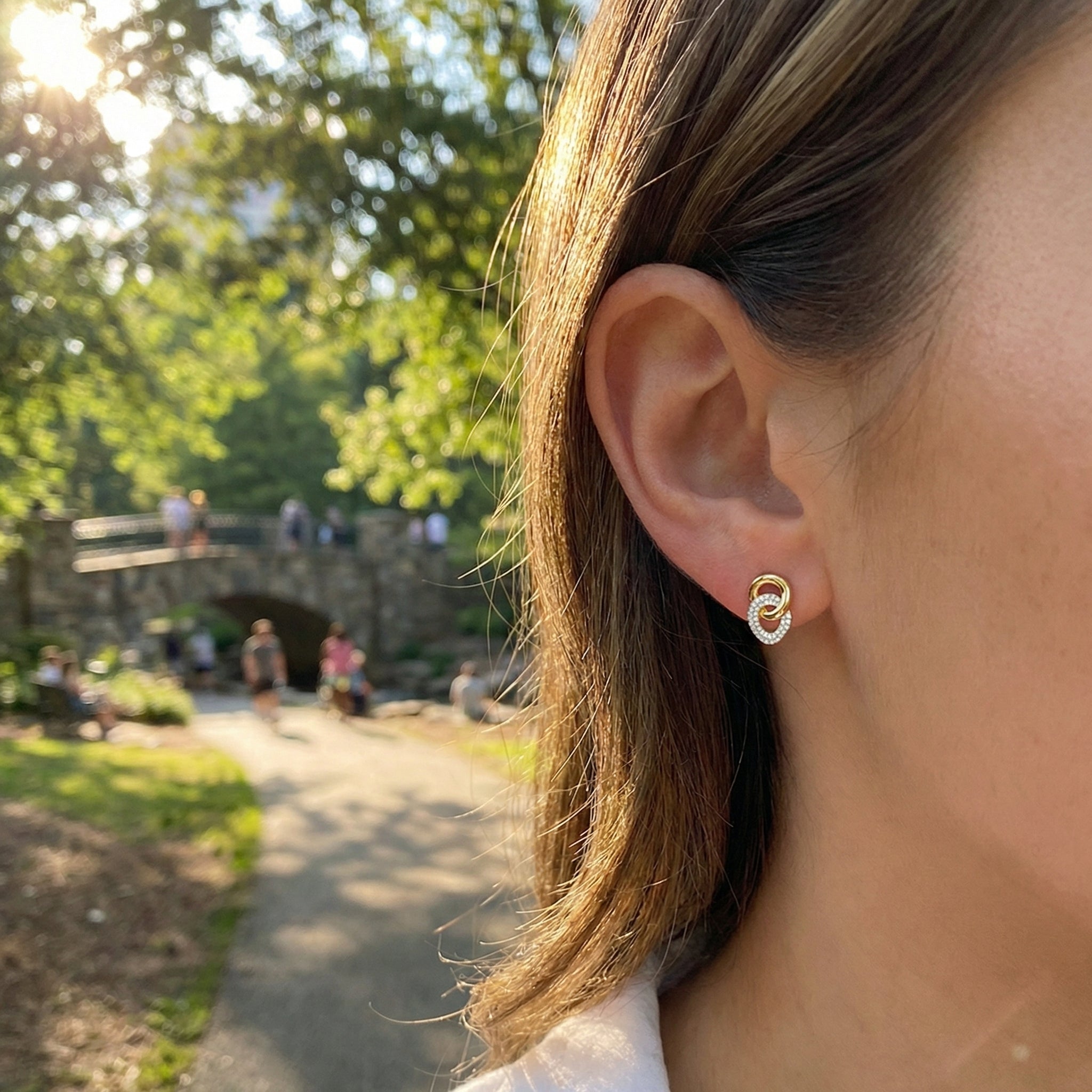 Entwined Discs Stud Earrings | Gold Plated / Sterling Silver | Pavé Interlocking Stud Earrings - Brownee Jewelers