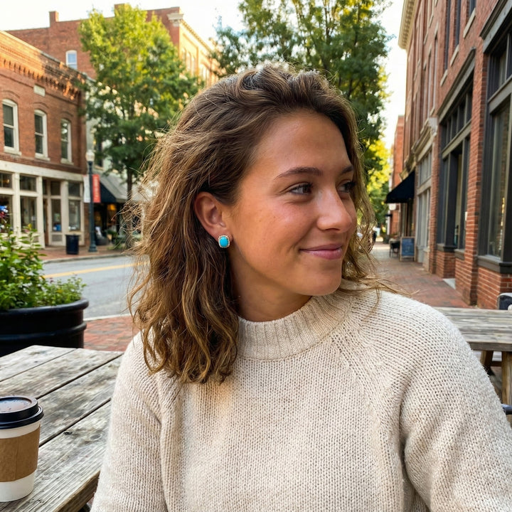 Turquoise & Diamond Halo Stud Earrings | 14K Yellow Gold | 4.70 ct Turquoise | 0.32 ctw Diamond - Brownee Jewelers