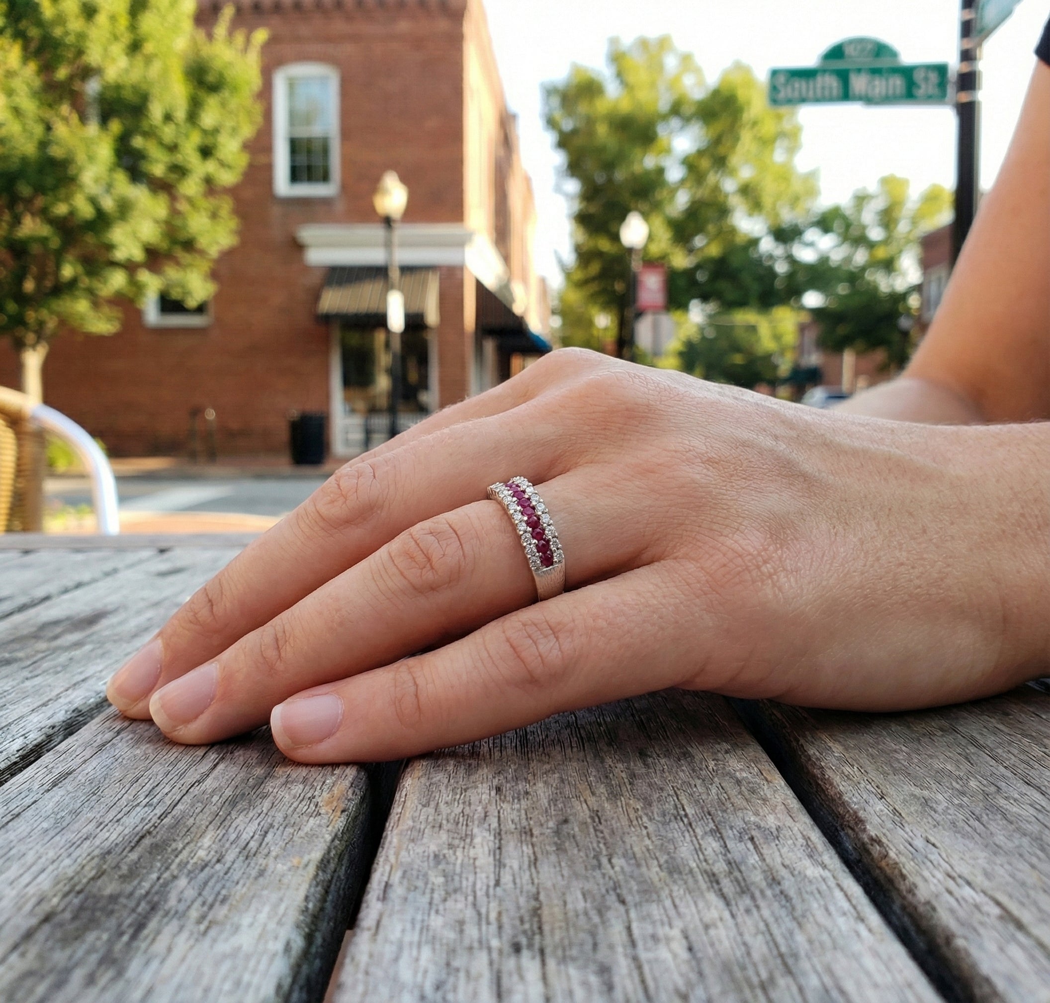 Ruby & Lab-Grown Diamond Three-Row Band | 10K White Gold | 1.00 ctw | Stackable Ring - Brownee Jewelers