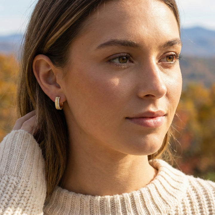 Diamond Ribbed Huggie Earrings | 14K Yellow Gold | 0.34 ctw | Textured Hoop Earrings - Brownee Jewelers