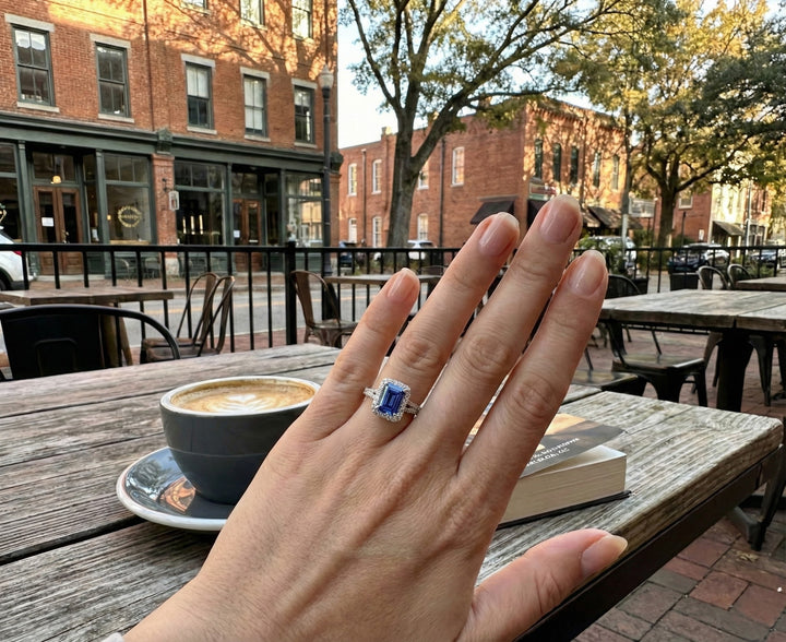 Cushion-Cut Lab-Created Tanzanite & CZ Halo Ring | Sterling Silver | Pavé Band - Brownee Jewelers