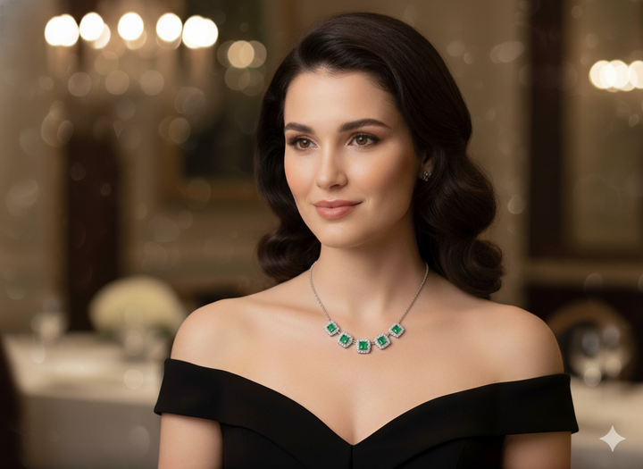 14K White Gold 1.36ct Round Emerald & .38ct Diamond Necklace