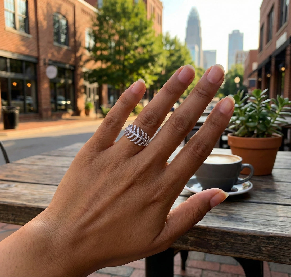 CZ Feather Ring | Sterling Silver | Pavé Cubic Zirconia | Statement Band - Brownee Jewelers