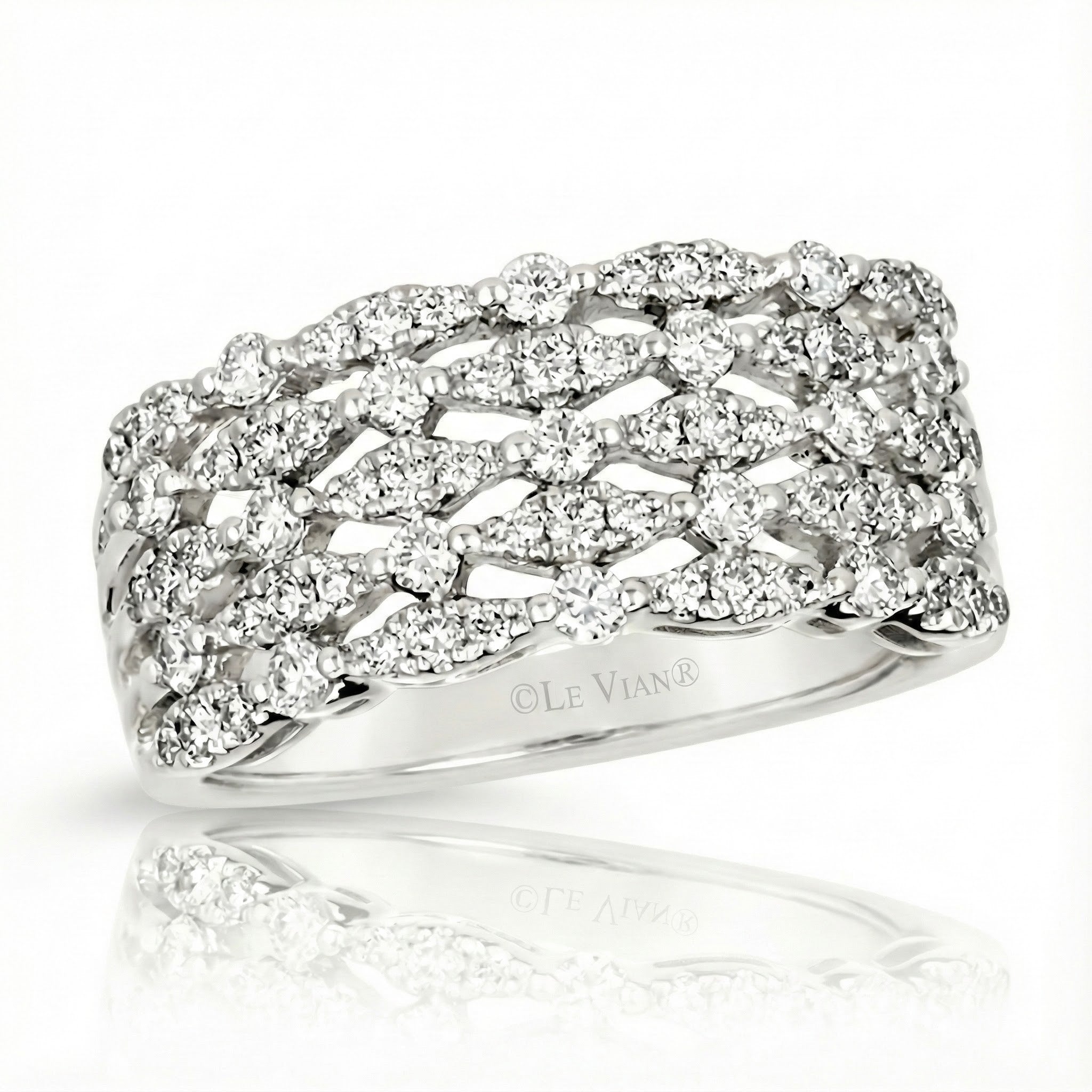 Platinum Le Vian® 5-Row Round Diamond Ring – 1/2ctw This stunning Le Vian® design features five rows of shimmering round diamonds woven into an elegant lattice pattern, all crafted in luxurious platinum