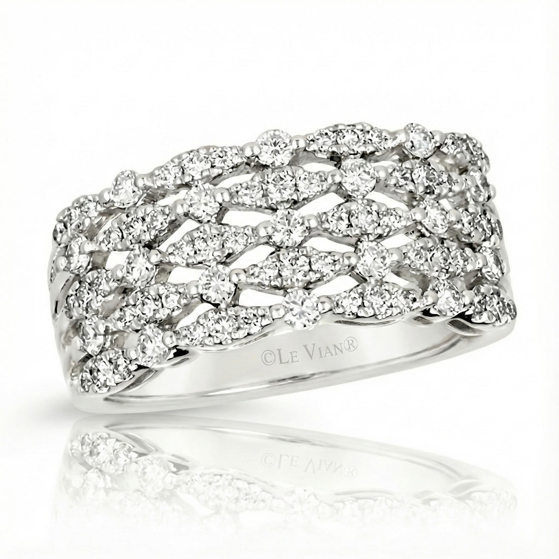 Platinum Le Vian® 5-Row Round Diamond Ring – 1/2ctw This stunning Le Vian® design features five rows of shimmering round diamonds woven into an elegant lattice pattern, all crafted in luxurious platinum