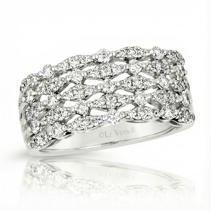 Platinum Le Vian® 5-Row Round Diamond Ring – 1/2ctw This stunning Le Vian® design features five rows of shimmering round diamonds woven into an elegant lattice pattern, all crafted in luxurious platinum