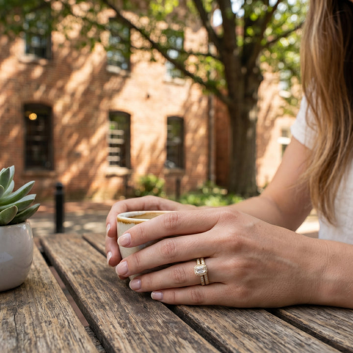Emerald Cut Diamond Halo Bridal Set | 14K Yellow Gold | Vintage-Inspired Pavé Engagement Ring Set | .70 CT Center - Brownee Jewelers