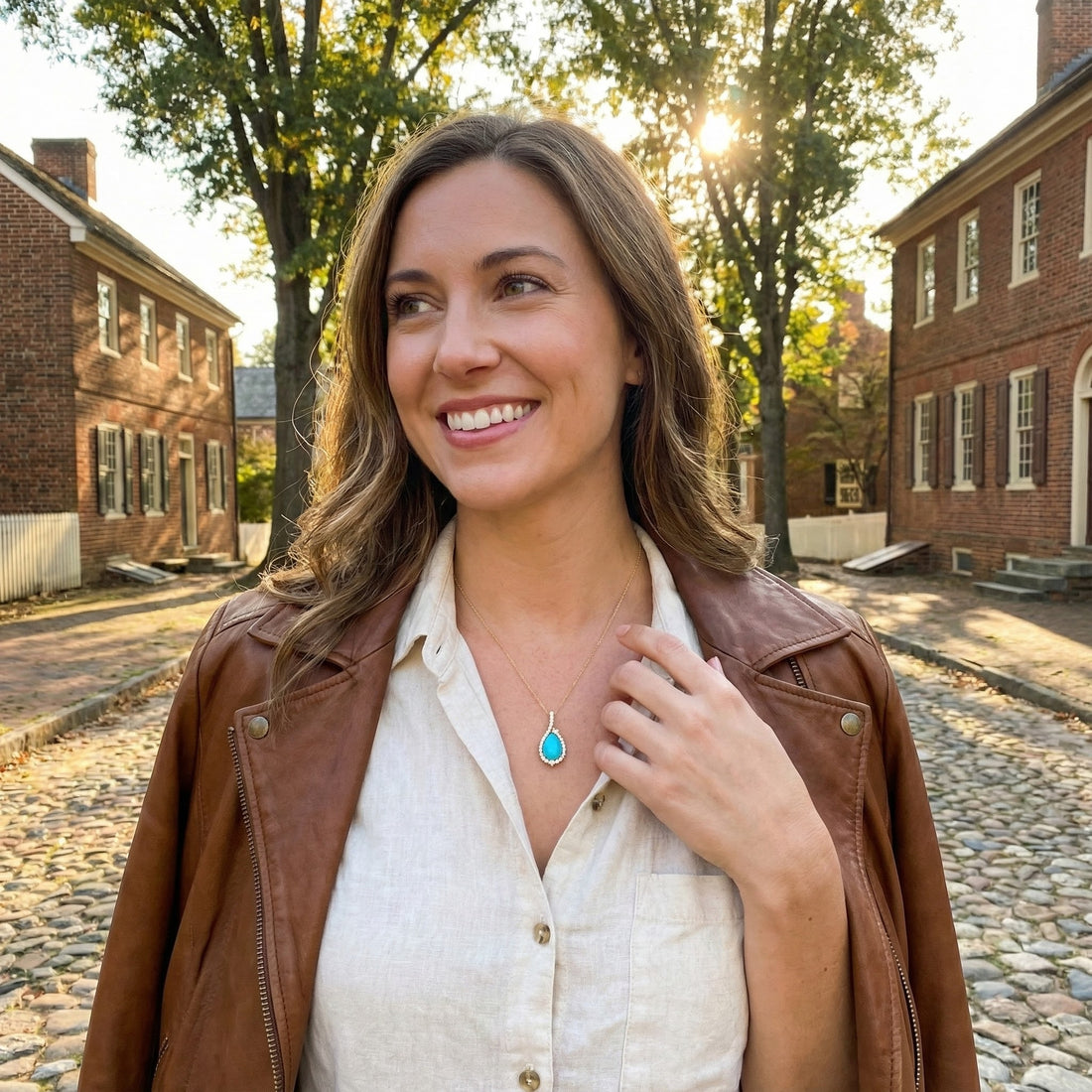 Pear Turquoise & Diamond Halo Pendant | 14K Yellow Gold | 3.25 ct TQ, 0.60 ctw | Teardrop Necklace - Brownee Jewelers