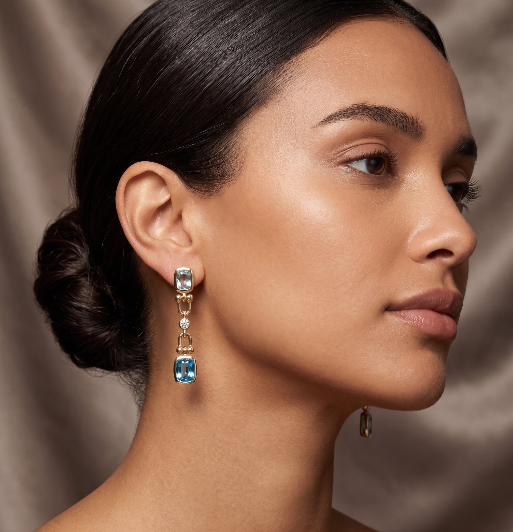 YELLOW GOLD BLUE TOPAZ AND DIAMOND DROP EARRINGS 