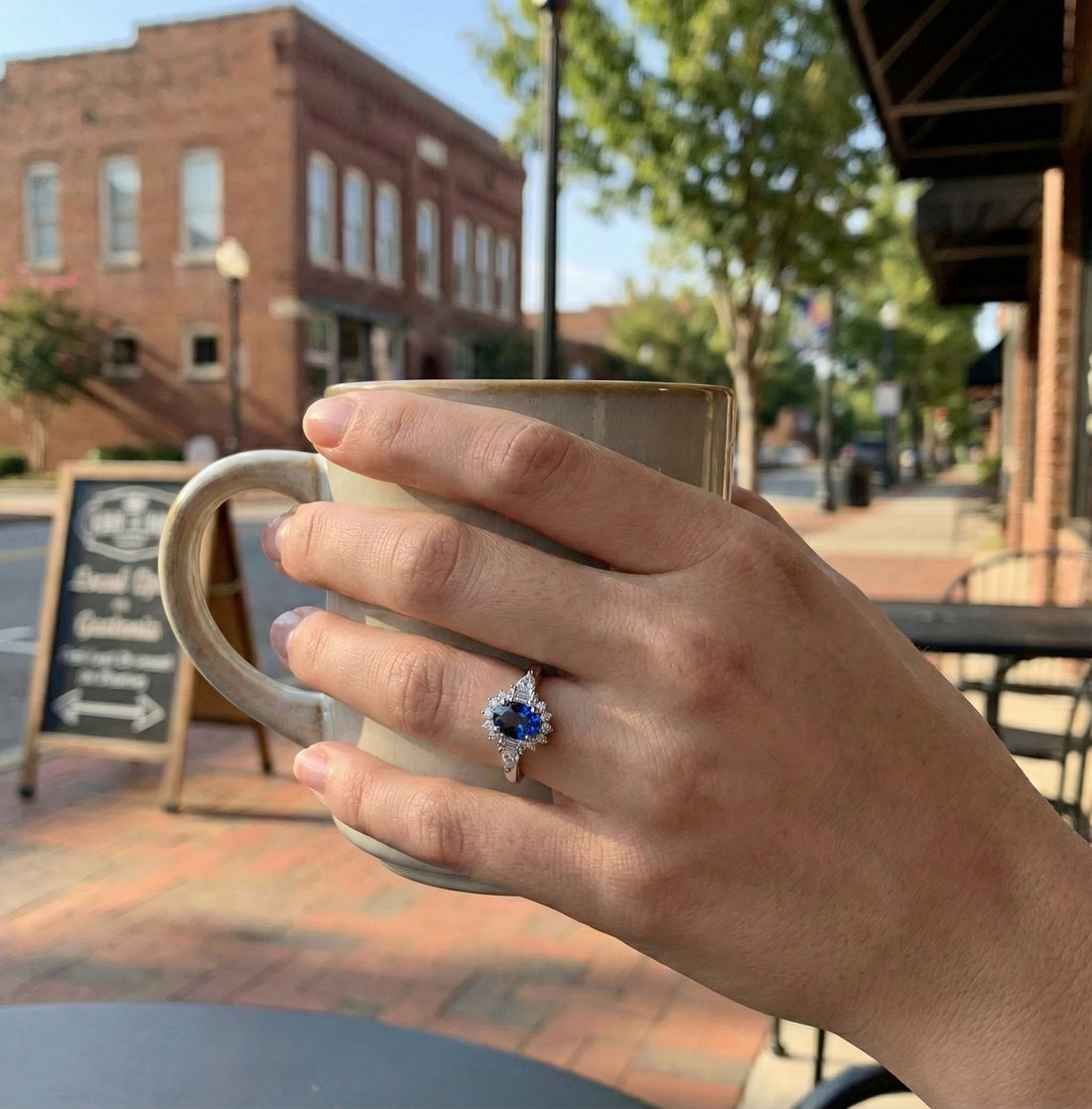 Oval Sapphire & Lab-Grown Diamond Halo Ring | 1.50 ct Sapphire | 0.40 ctw Diamonds | 10K White Gold - Brownee Jewelers