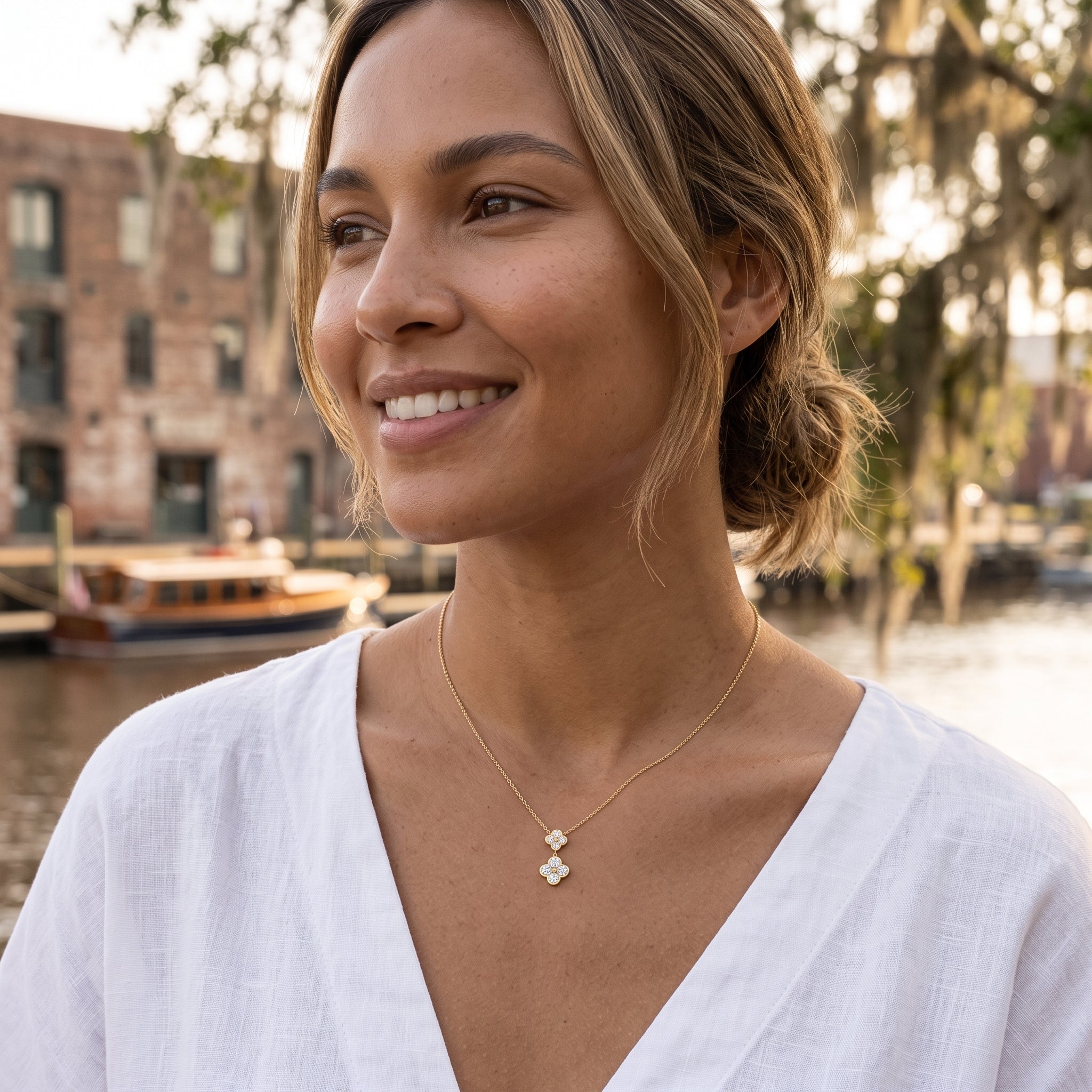 Sterling Silver Gold-Plated Cubic Zirconia Clover Drop Necklace