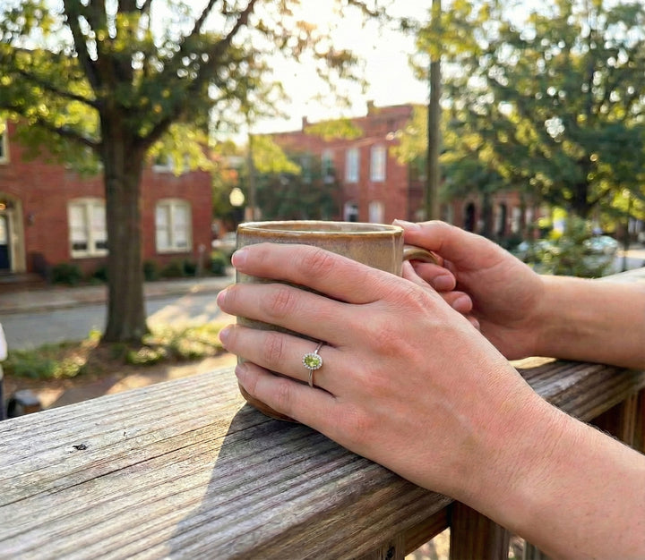 Peridot & Diamond Halo Ring, 0.07 ctw | 10K White Gold | - Brownee Jewelers