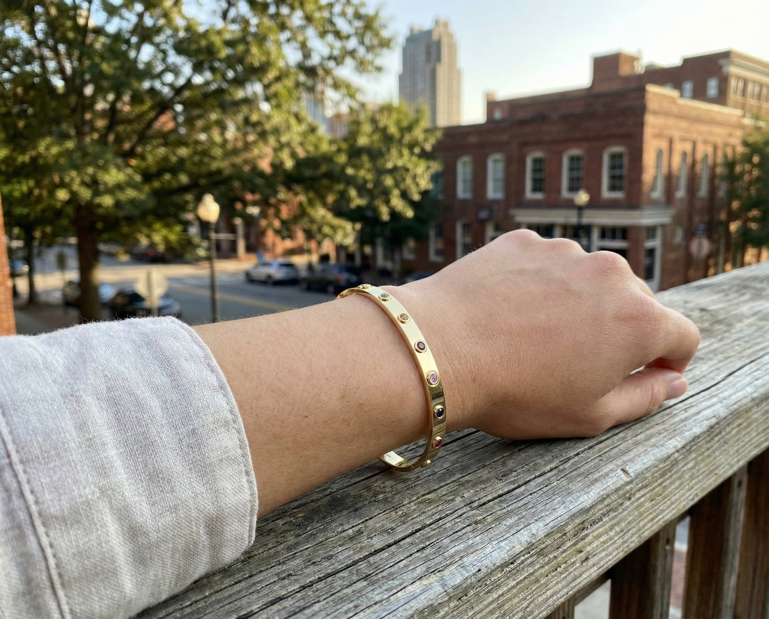 Rainbow Bezel Gemstone Bangle | 14K Yellow Gold | 7" | BRN-RBB001 | - Brownee Jewelers