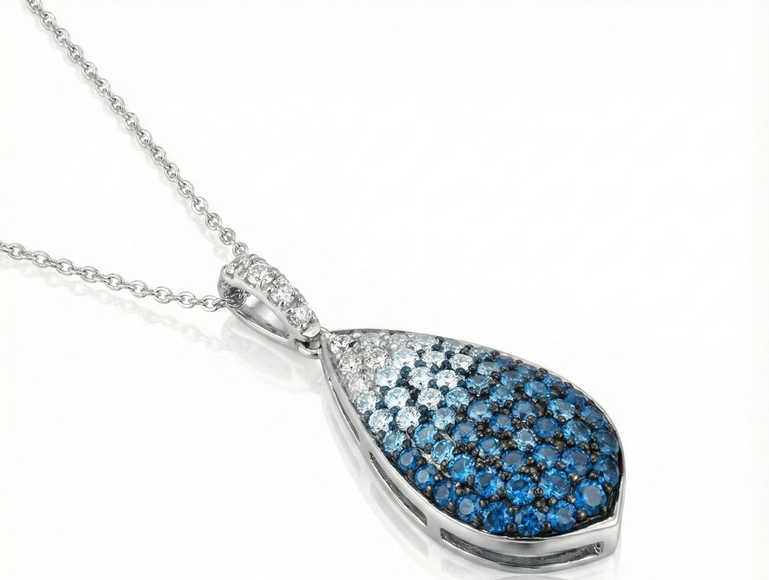 Blue & White Sapphire Ombré Teardrop Pendant | 14K White Gold | 1.26 ctw | Pear Drop Necklace - Brownee Jewelers