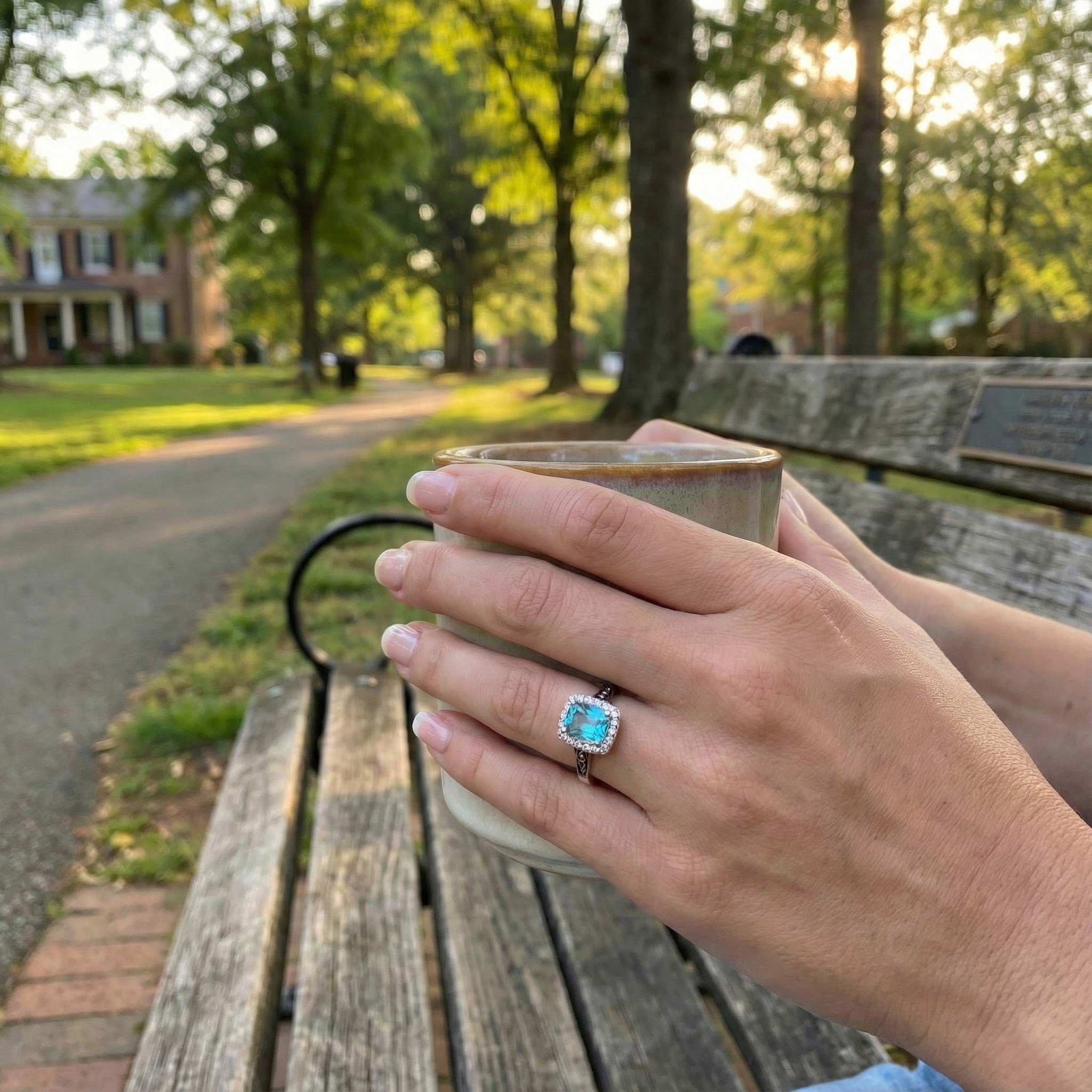 Cushion Aquamarine & Diamond Halo Ring | 14K White Gold | Chocolate Diamond Accents - Brownee Jewelers