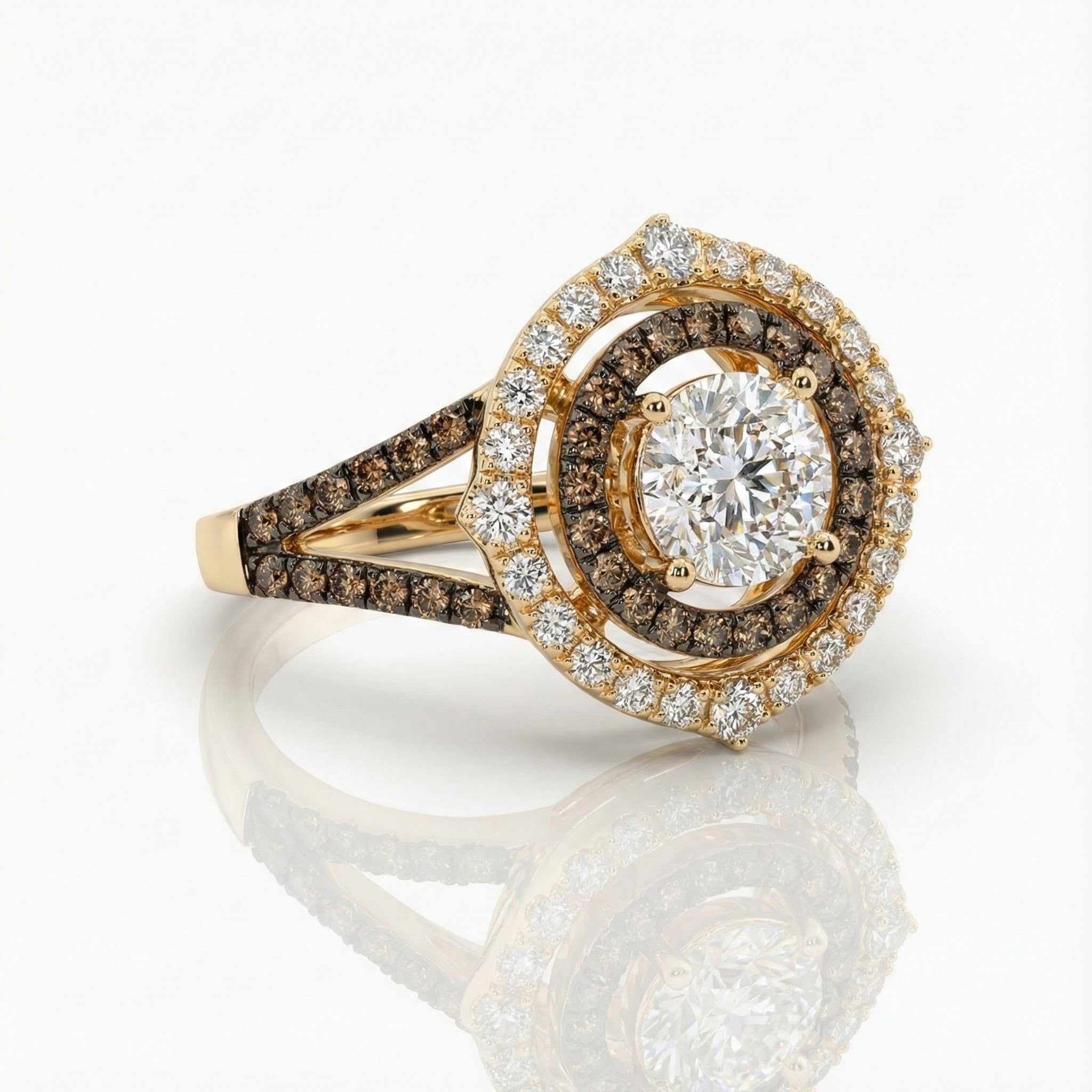 Le Vian® 14K Honey Gold™ Ring with Nude Diamonds™ & Chocolate Diamonds® A dazzling blend of warm tones and brilliant sparkle, this Le Vian® halo ring features a lavish 1/2 ct. of Nude Diamonds™ paired with 1/3 cts. of rich Chocolate Diamonds®